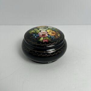 Vintage Russian Black Lacquer Hand Painted Floral Trinket Box Round 3"